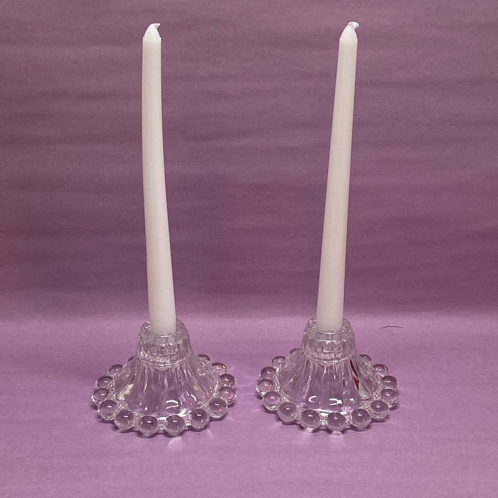 2 Vintage Candlestick Holders Boopie Berwick Clear Glass Bubble Anchor Hocking